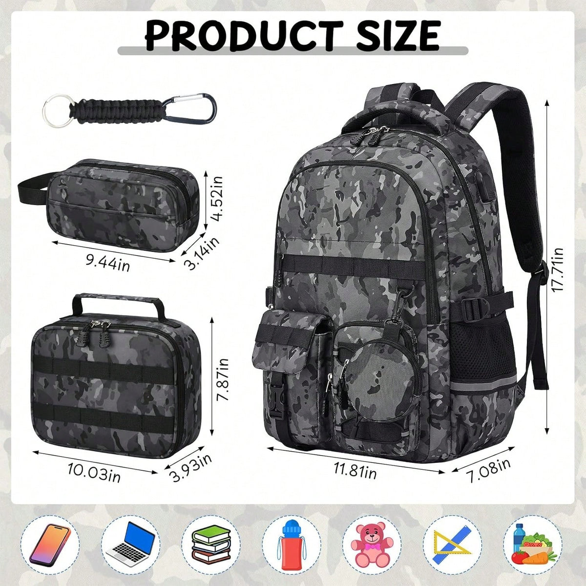 School Backpack For Boys- 5pcs Camo Boys Backpack With Lunch Box Set For Kids Teens Elementary Middle High School,18″ Large Capacity Students Bookbag