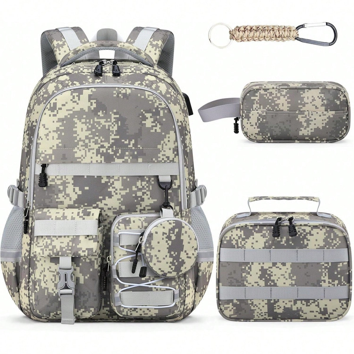 School Backpack For Boys- 5pcs Camo Boys Backpack With Lunch Box Set For Kids Teens Elementary Middle High School,18″ Large Capacity Students Bookbag