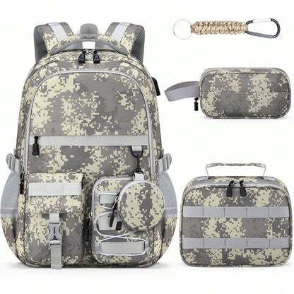 School Backpack For Boys- 5pcs Camo Boys Backpack With Lunch Box Set For Kids Teens Elementary Middle High School,18″ Large Capacity Students Bookbag
