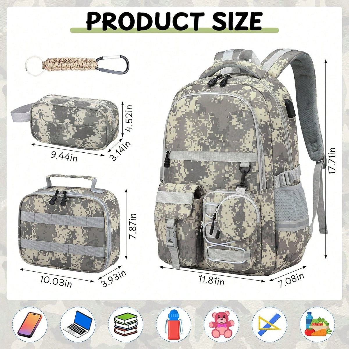 School Backpack For Boys- 5pcs Camo Boys Backpack With Lunch Box Set For Kids Teens Elementary Middle High School,18″ Large Capacity Students Bookbag