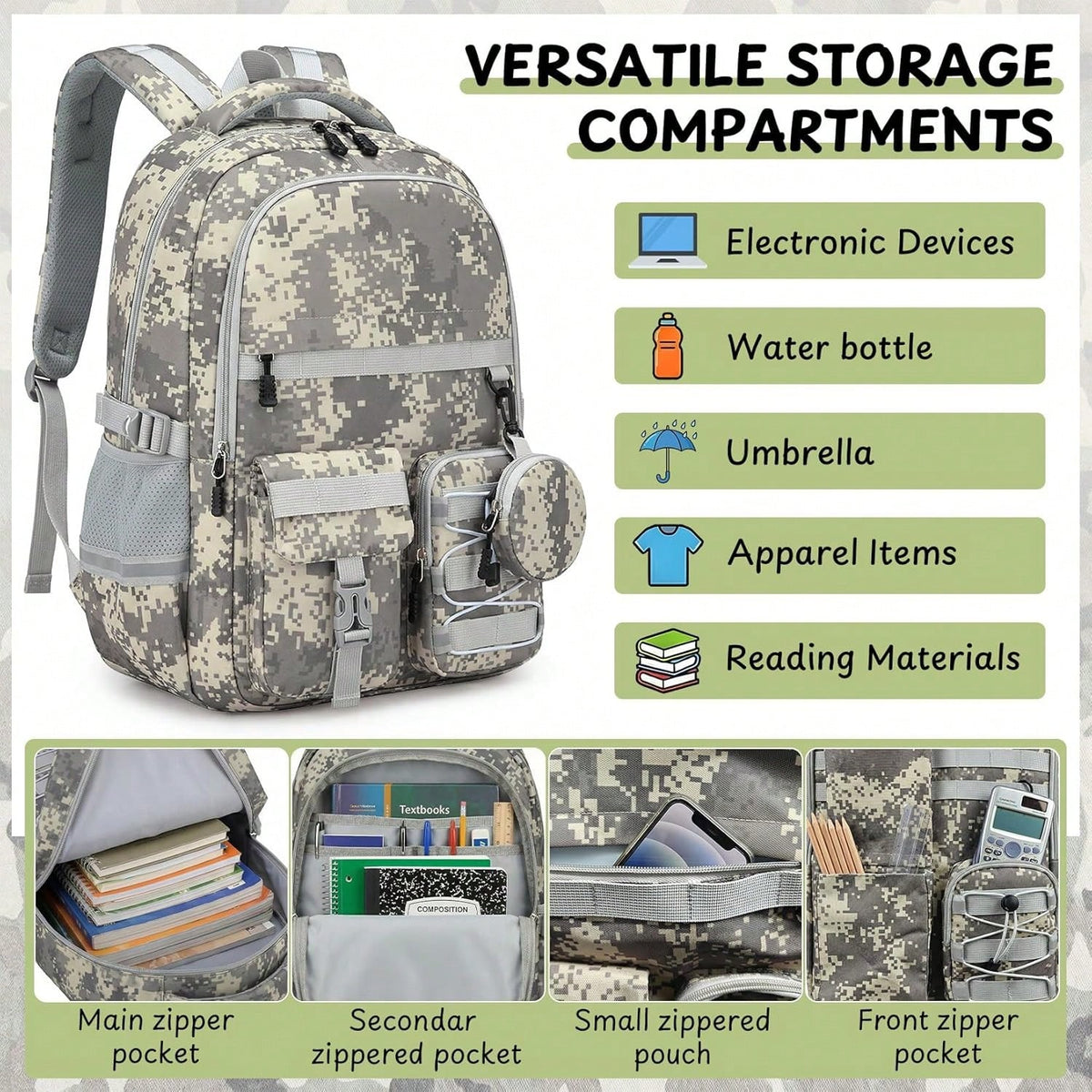 School Backpack For Boys- 5pcs Camo Boys Backpack With Lunch Box Set For Kids Teens Elementary Middle High School,18″ Large Capacity Students Bookbag