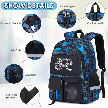 School Backpack For Boys- Gamer Boys Backpack For Kids Children Teens Elementary Middle School Students- 18" Large Capacity School Bookbag