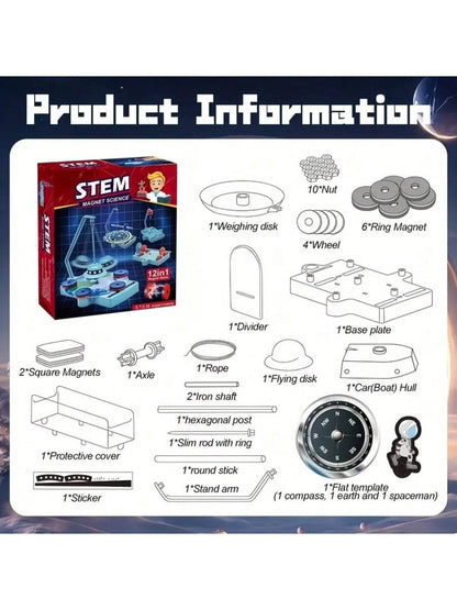 SCIENCE HORSE 12-In-1 Magnetic Science Experiment Kit, Magnetic Levitation Box Set, Includes Magnetic Disc, Anti-Gravity Attraction, Suitable For Parent-Child Activities, Gifts For Boys And Girls, Edu