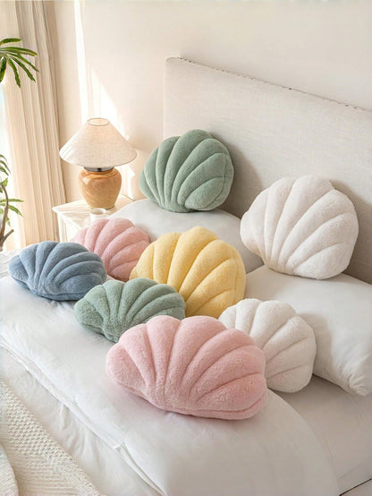 Seashell Throw Pillow, Soft Faux Fur Decorated Seashell Shaped Decorative Pillow, Suitable For Sofa Bed, Fashionable Beach Style Cushion, Home Decor