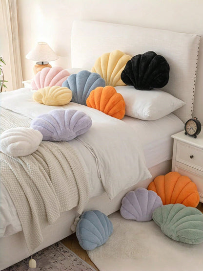 Seashell Throw Pillow, Soft Faux Fur Decorated Seashell Shaped Decorative Pillow, Suitable For Sofa Bed, Fashionable Beach Style Cushion, Home Decor
