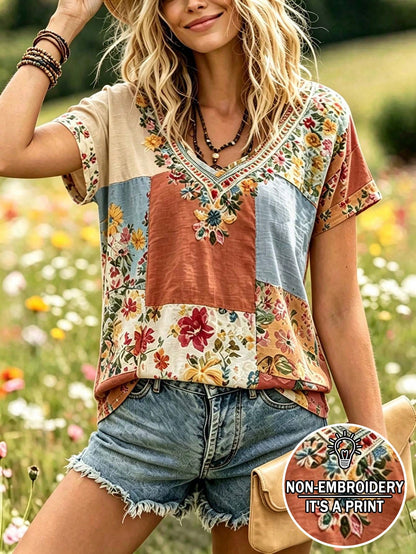 Selamara Bohemian Style Pink & Brown Floral Faux Embroidery V-Neck T-Shirt, Summer Vacation Casual Short Sleeve Top