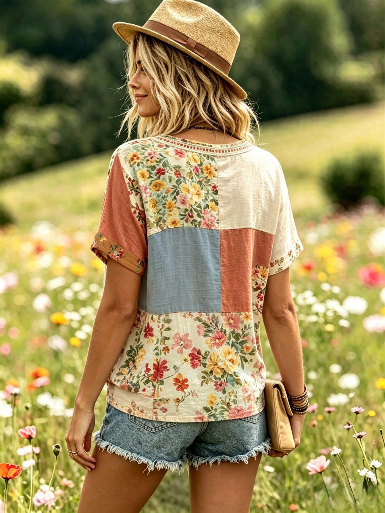 Selamara Bohemian Style Pink & Brown Floral Faux Embroidery V-Neck T-Shirt, Summer Vacation Casual Short Sleeve Top