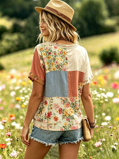Selamara Bohemian Style Pink & Brown Floral Faux Embroidery V-Neck T-Shirt, Summer Vacation Casual Short Sleeve Top