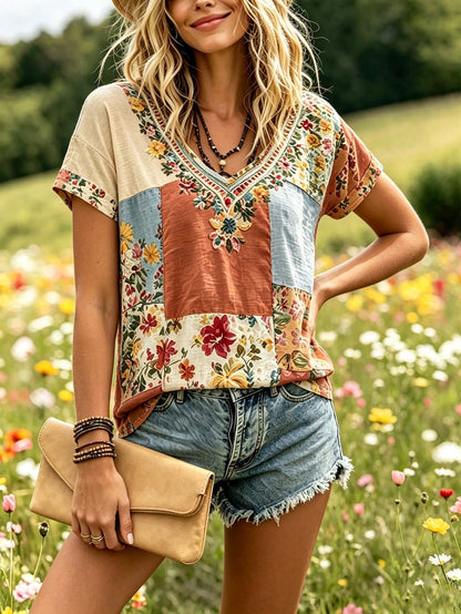 Selamara Bohemian Style Pink & Brown Floral Faux Embroidery V-Neck T-Shirt, Summer Vacation Casual Short Sleeve Top