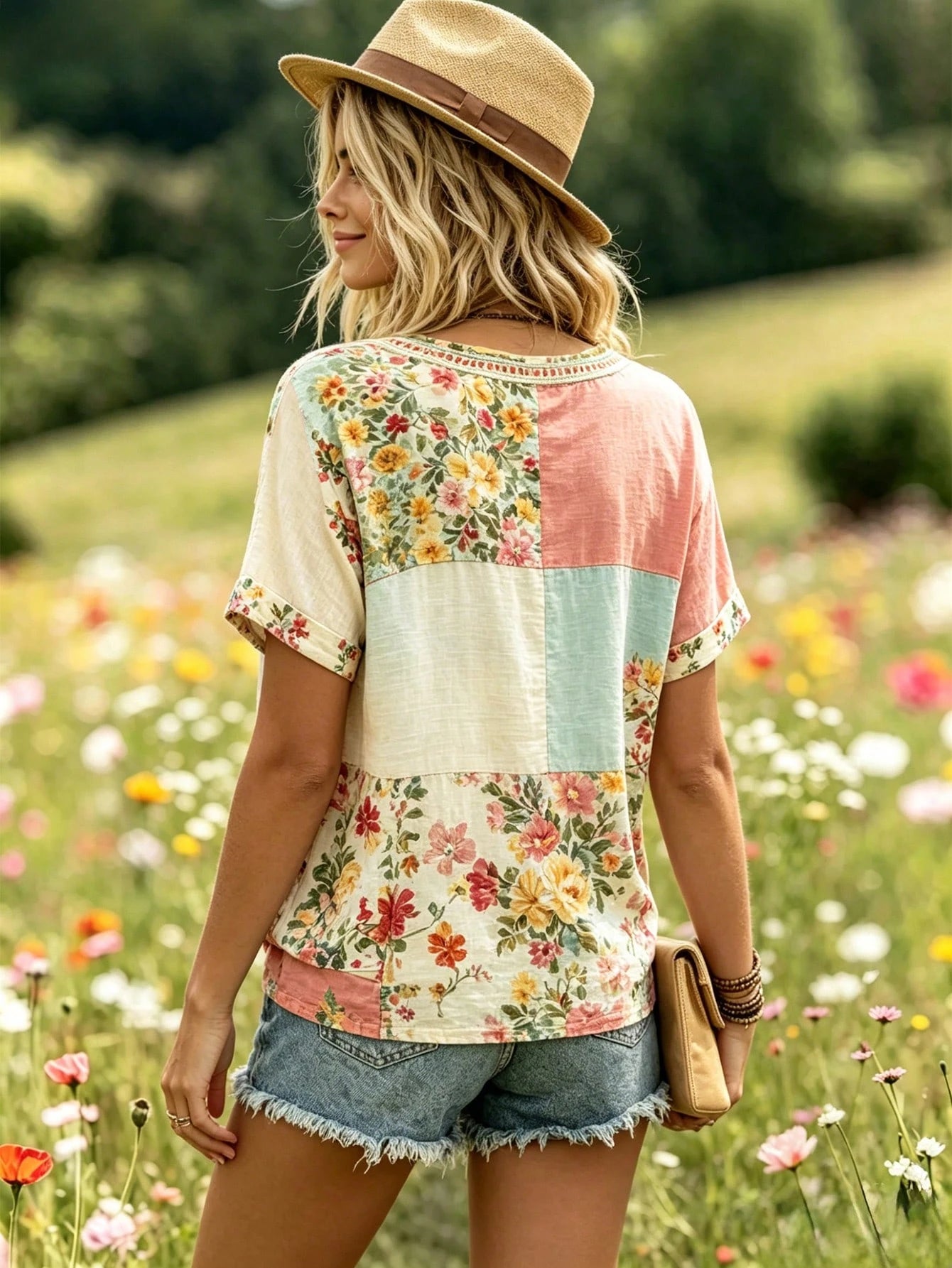 Selamara Bohemian Style Pink & Brown Floral Faux Embroidery V-Neck T-Shirt, Summer Vacation Casual Short Sleeve Top