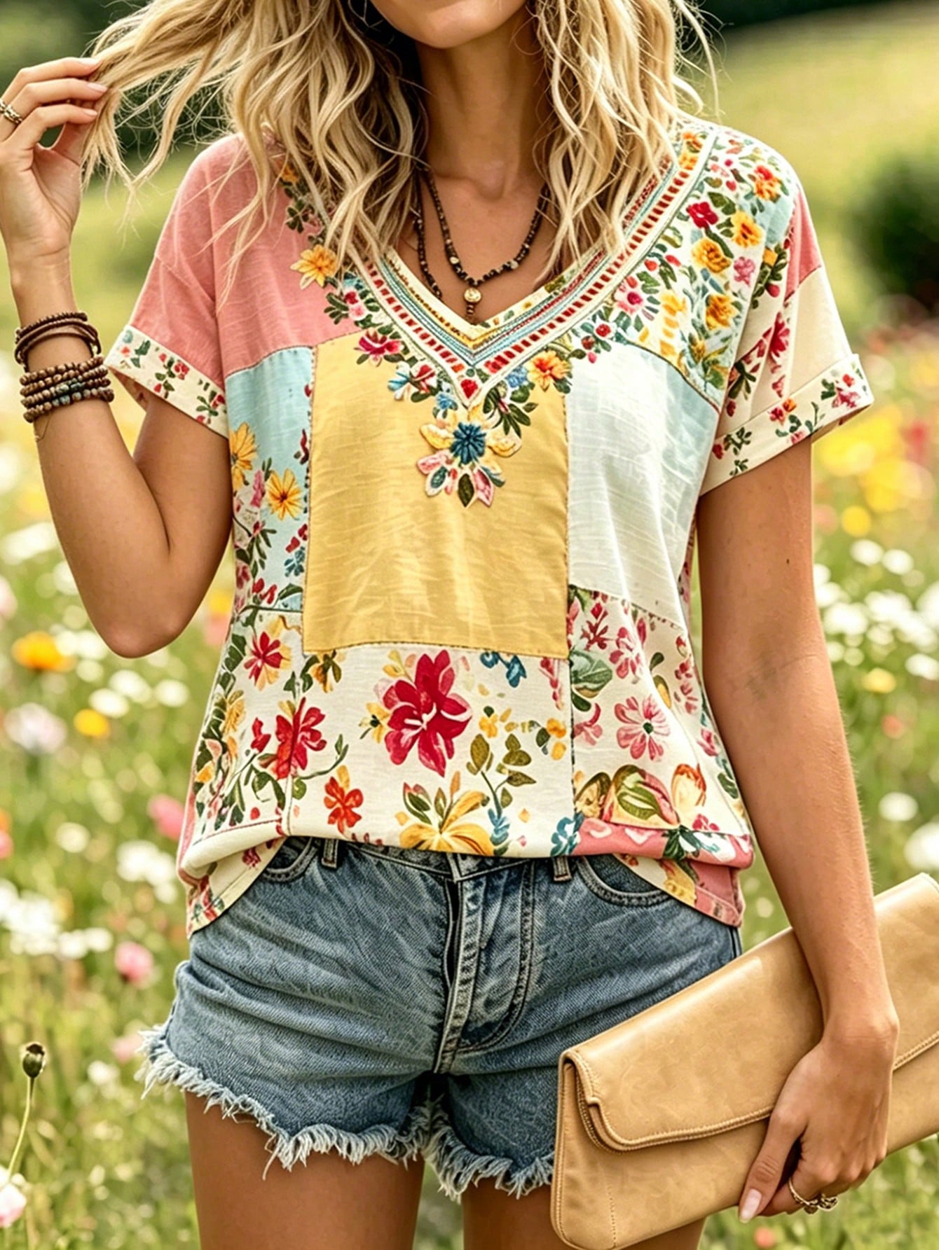 Selamara Bohemian Style Pink & Brown Floral Faux Embroidery V-Neck T-Shirt, Summer Vacation Casual Short Sleeve Top