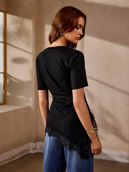 Selenza Black Cotton Lace Patchwork Asymmetrical T-Shirt, Slim Fit Ruched Side Round Neck Short Sleeve, Minimalist Elegant Daily Commute Summer Top
