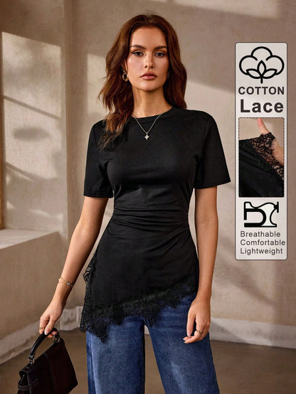 Selenza Black Cotton Lace Patchwork Asymmetrical T-Shirt, Slim Fit Ruched Side Round Neck Short Sleeve, Minimalist Elegant Daily Commute Summer Top