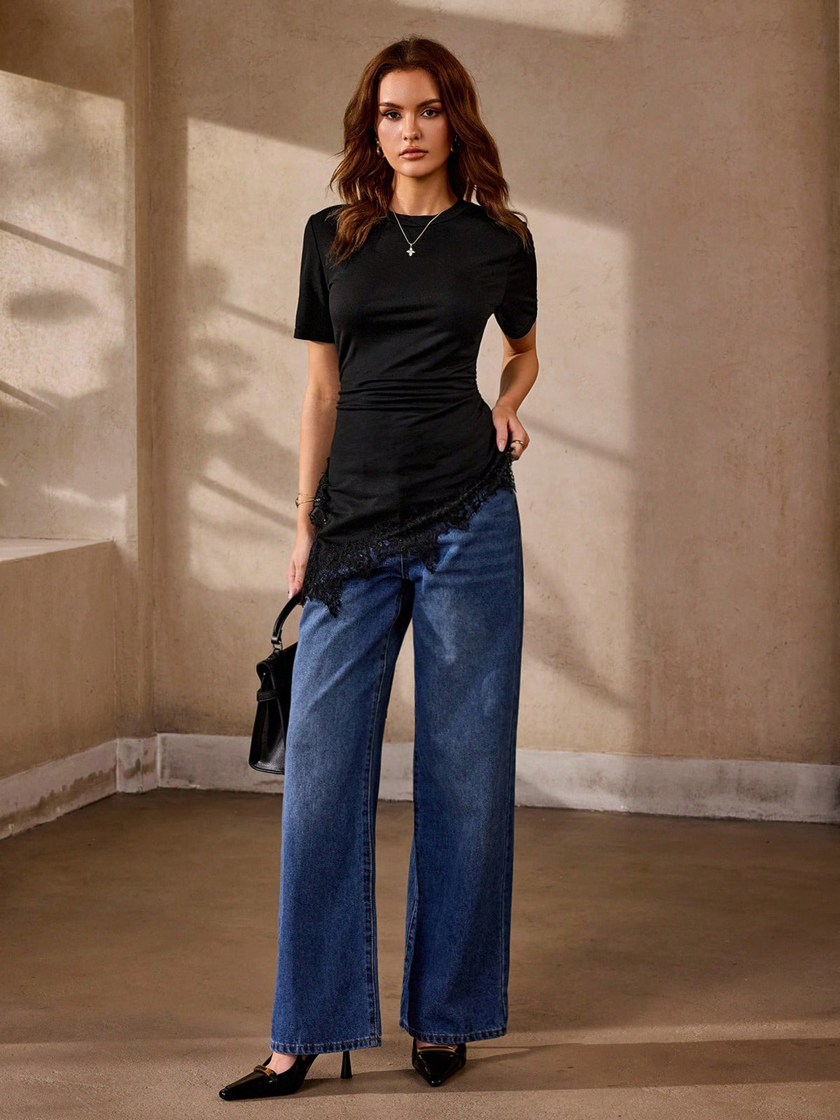 Selenza Black Cotton Lace Patchwork Asymmetrical T-Shirt, Slim Fit Ruched Side Round Neck Short Sleeve, Minimalist Elegant Daily Commute Summer Top
