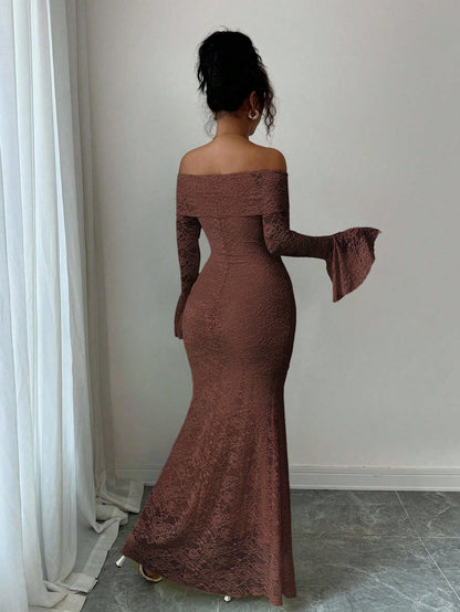 Selianne Elegant Fashion Young Minimalist Versatile Fitted Off Shoulder Flared Sleeve Mermaid Midi Dress For Women, Autumn