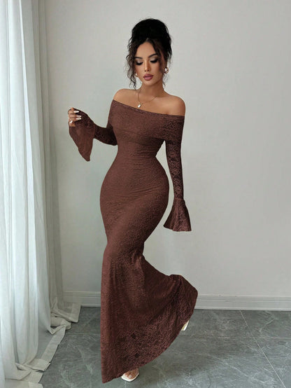 Selianne Elegant Fashion Young Minimalist Versatile Fitted Off Shoulder Flared Sleeve Mermaid Midi Dress For Women, Autumn