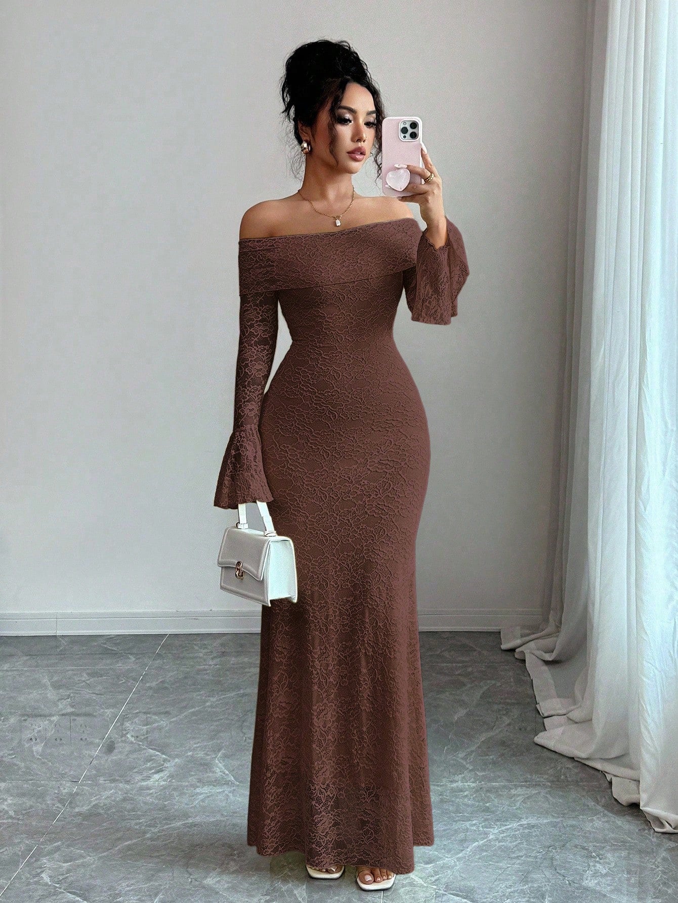 Selianne Elegant Fashion Young Minimalist Versatile Fitted Off Shoulder Flared Sleeve Mermaid Midi Dress For Women, Autumn
