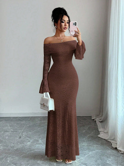 Selianne Elegant Fashion Young Minimalist Versatile Fitted Off Shoulder Flared Sleeve Mermaid Midi Dress For Women, Autumn