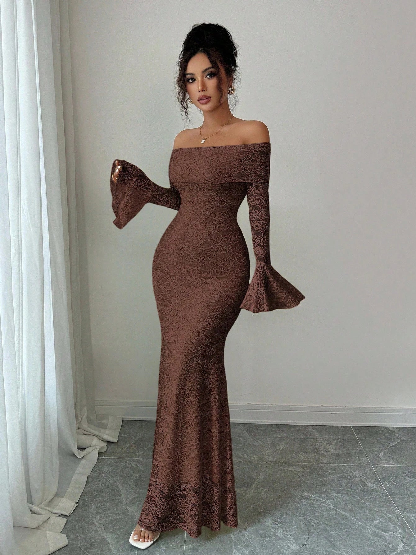 Selianne Elegant Fashion Young Minimalist Versatile Fitted Off Shoulder Flared Sleeve Mermaid Midi Dress For Women, Autumn