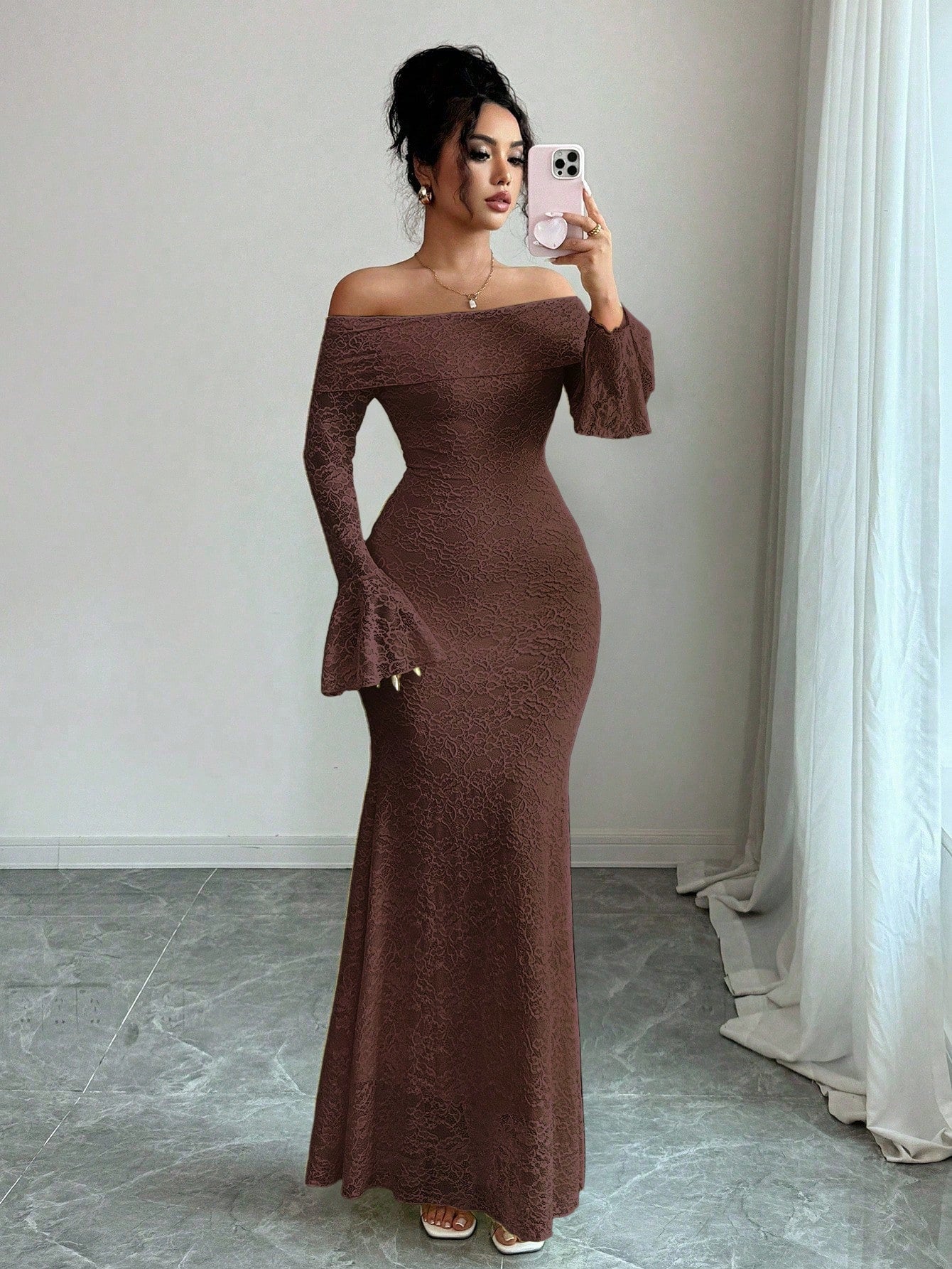 Selianne Elegant Fashion Young Minimalist Versatile Fitted Off Shoulder Flared Sleeve Mermaid Midi Dress For Women, Autumn