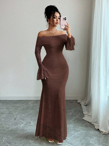 Selianne Elegant Fashion Young Minimalist Versatile Fitted Off Shoulder Flared Sleeve Mermaid Midi Dress For Women, Autumn