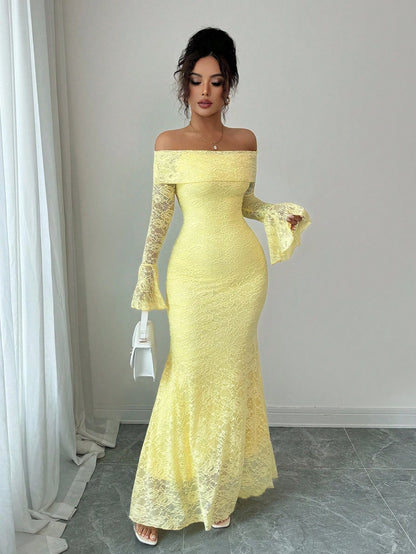 Selianne Elegant Fashion Young Minimalist Versatile Fitted Off Shoulder Flared Sleeve Mermaid Midi Dress For Women, Autumn