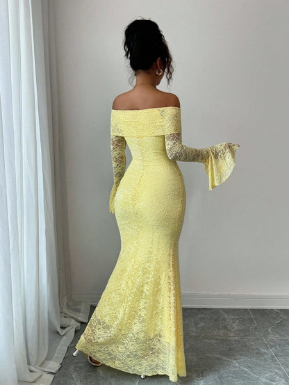 Selianne Elegant Fashion Young Minimalist Versatile Fitted Off Shoulder Flared Sleeve Mermaid Midi Dress For Women, Autumn