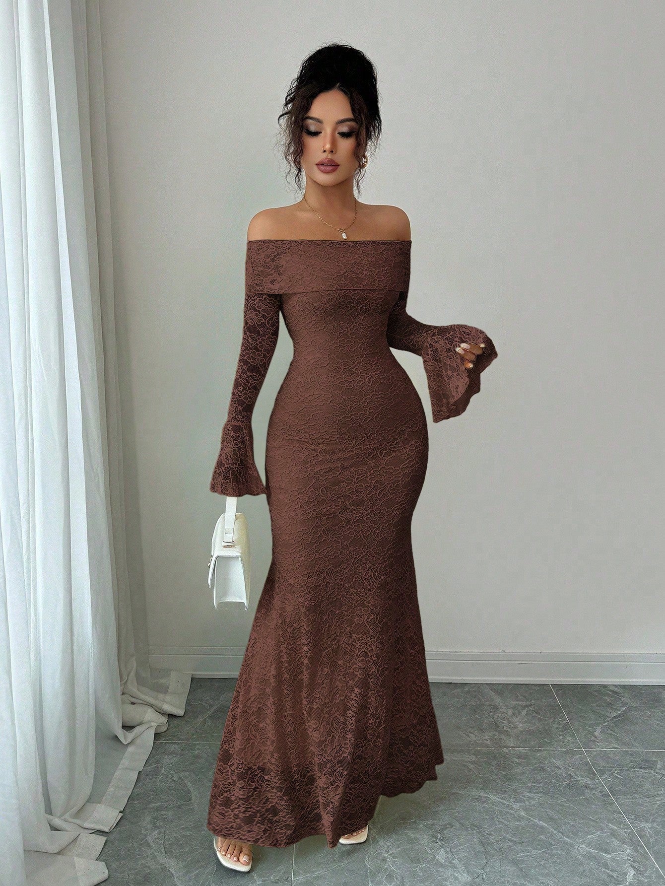 Selianne Elegant Fashion Young Minimalist Versatile Fitted Off Shoulder Flared Sleeve Mermaid Midi Dress For Women, Autumn
