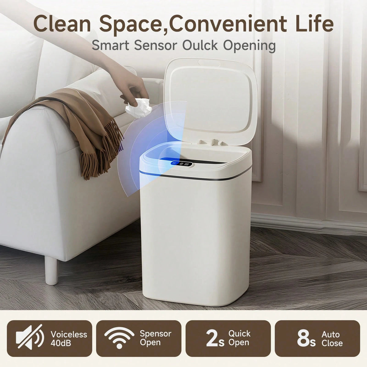 Senmeo 3.17/4.23 Gallon Motion Sensor Bathroom Trash Can With Lid, 1Pc Waterproof Touch-Free Bin, Electronic Auto On/Off Trash Can, Odor Prevention, Silent Closing, Runs On AA Batteries, Batteries Exc