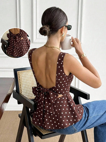 Serisse Women's Brown And White Polka Dot Summer Classy Elegant Date Blouse,Boat Neck Backless Bow Decor Ruffle Hem Sleeveless Top,Boho Vacation Party Shirt