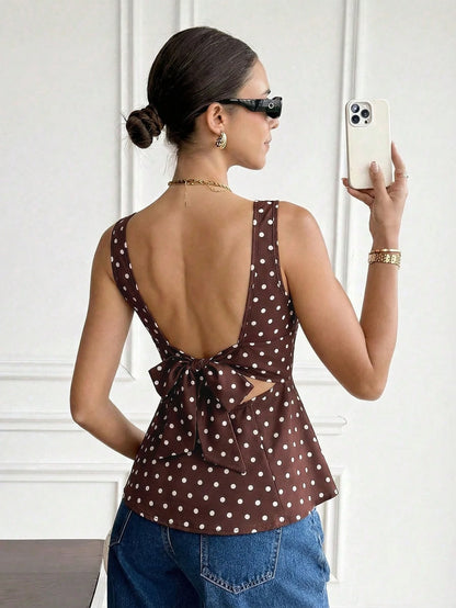 Serisse Women's Brown And White Polka Dot Summer Classy Elegant Date Blouse,Boat Neck Backless Bow Decor Ruffle Hem Sleeveless Top,Boho Vacation Party Shirt