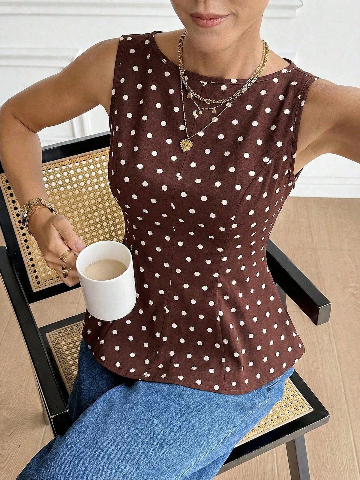 Serisse Women's Brown And White Polka Dot Summer Classy Elegant Date Blouse,Boat Neck Backless Bow Decor Ruffle Hem Sleeveless Top,Boho Vacation Party Shirt