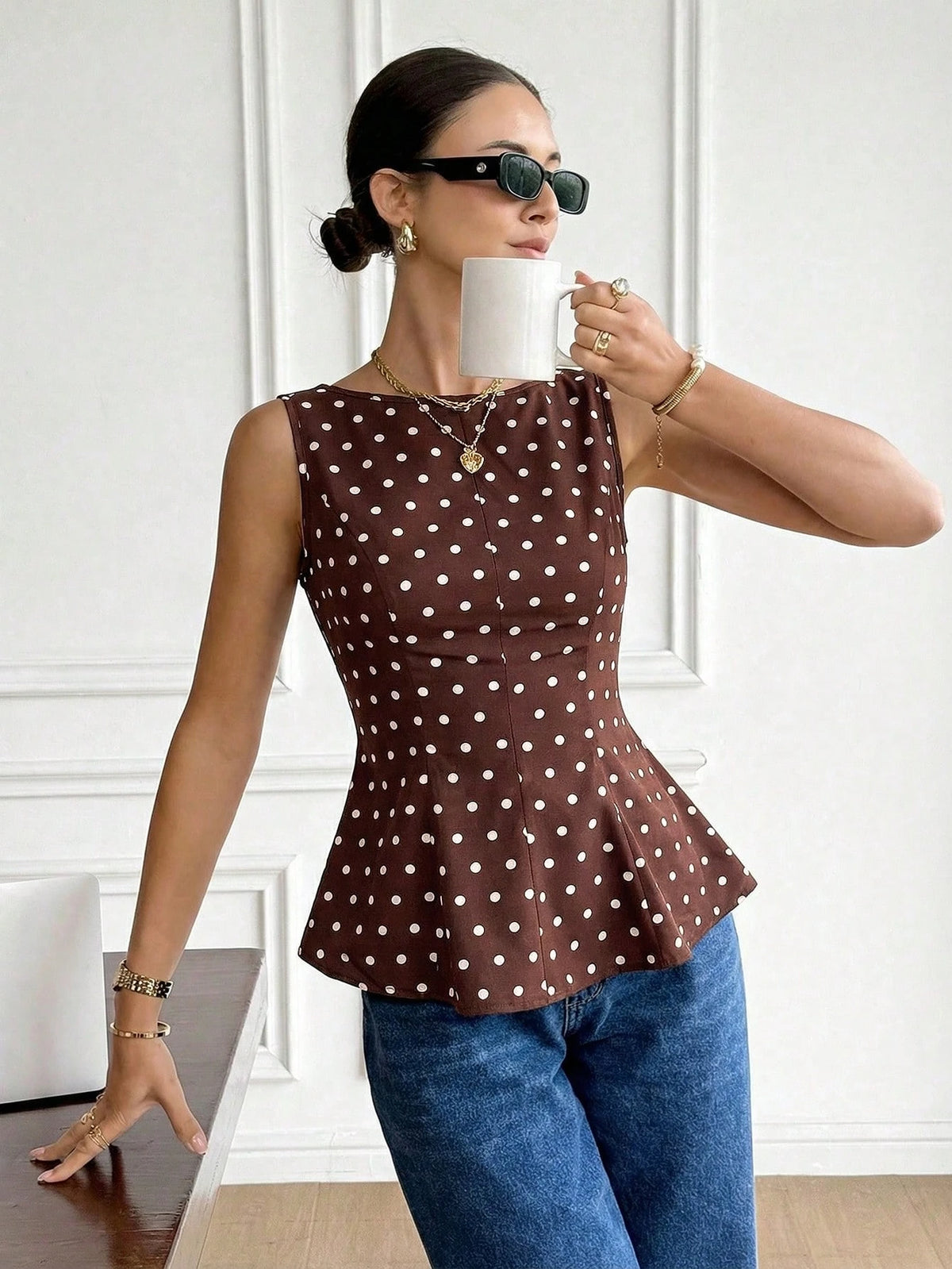 Serisse Women's Brown And White Polka Dot Summer Classy Elegant Date Blouse,Boat Neck Backless Bow Decor Ruffle Hem Sleeveless Top,Boho Vacation Party Shirt