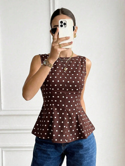 Serisse Women's Brown And White Polka Dot Summer Classy Elegant Date Blouse,Boat Neck Backless Bow Decor Ruffle Hem Sleeveless Top,Boho Vacation Party Shirt