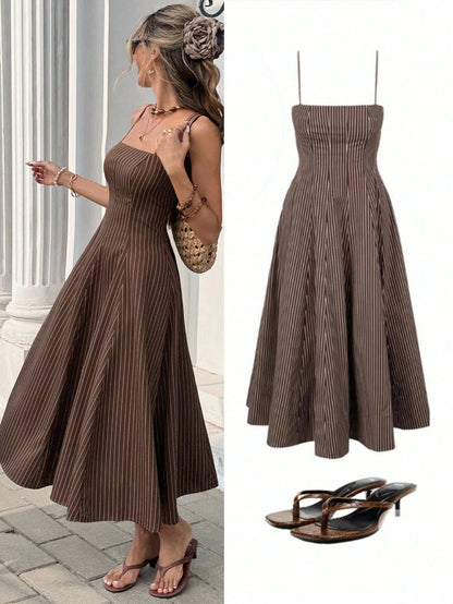 Serisse Women's Brown Stripe Pinstripe Midi Dress,Spaghetti Strap A-Line Summer Elegant Holiday Vacation Casual Striped Mid-Length Dress For Party Wedding