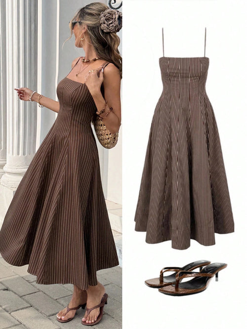 Serisse Women's Brown Stripe Pinstripe Midi Dress,Spaghetti Strap A-Line Summer Elegant Holiday Vacation Casual Striped Mid-Length Dress For Party Wedding