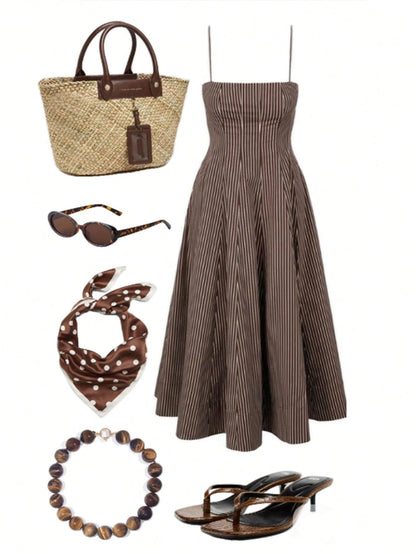 Serisse Women's Brown Stripe Pinstripe Midi Dress,Spaghetti Strap A-Line Summer Elegant Holiday Vacation Casual Striped Mid-Length Dress For Party Wedding