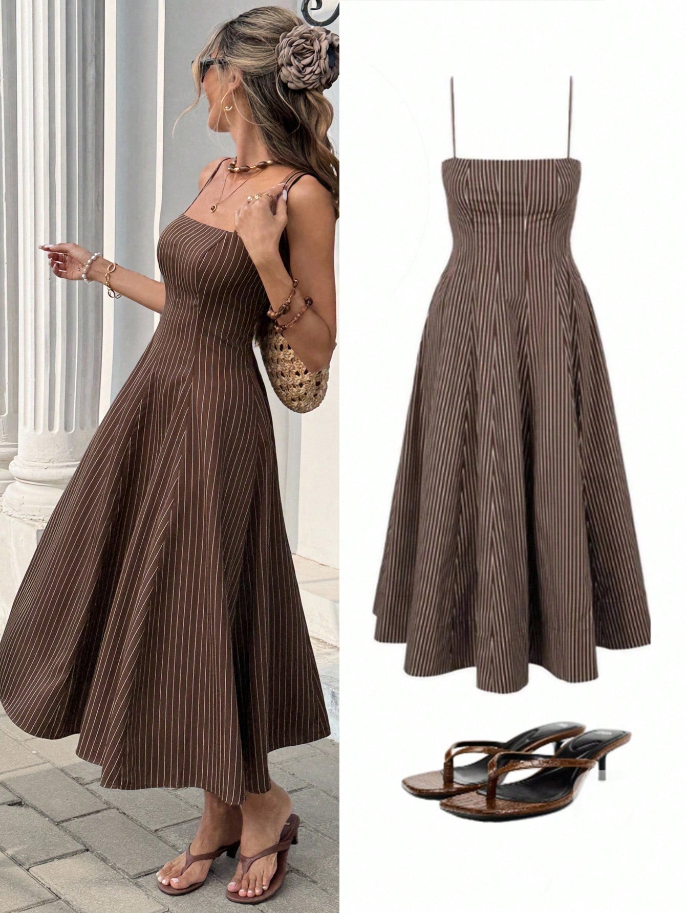 Serisse Women's Brown Stripe Pinstripe Midi Dress,Spaghetti Strap A-Line Summer Elegant Holiday Vacation Casual Striped Mid-Length Dress For Party Wedding