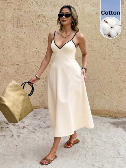 Serisse Women's Chic Elegant Summer Midi Slip Dress,Cotton V-Neck Spaghetti Strap Black And White Contrast Trim,Casual Vacation Holiday Outfits For Ladies