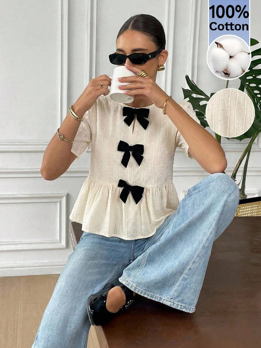 Serisse Women's Elegant French Black And White Bow Decor Blouse, 100 Pure Cotton Jacquard Ruffle Hem Top, Sweet Short Sleeve Shirt Summer Tea Party Wedding
