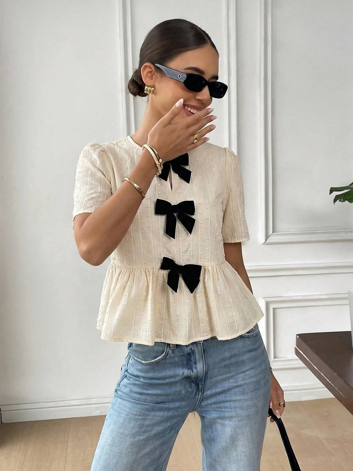 Serisse Women's Elegant French Black And White Bow Decor Blouse, 100 Pure Cotton Jacquard Ruffle Hem Top, Sweet Short Sleeve Shirt Summer Tea Party Wedding