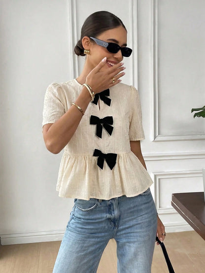 Serisse Women's Elegant French Black And White Bow Decor Blouse, 100 Pure Cotton Jacquard Ruffle Hem Top, Sweet Short Sleeve Shirt Summer Tea Party Wedding