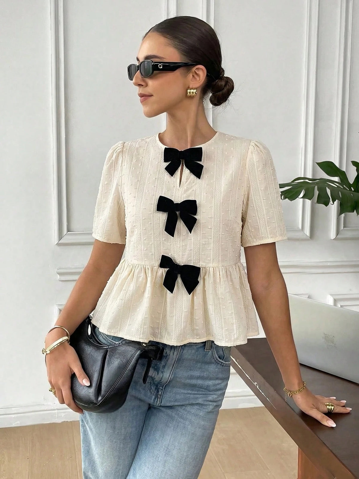 Serisse Women's Elegant French Black And White Bow Decor Blouse, 100 Pure Cotton Jacquard Ruffle Hem Top, Sweet Short Sleeve Shirt Summer Tea Party Wedding