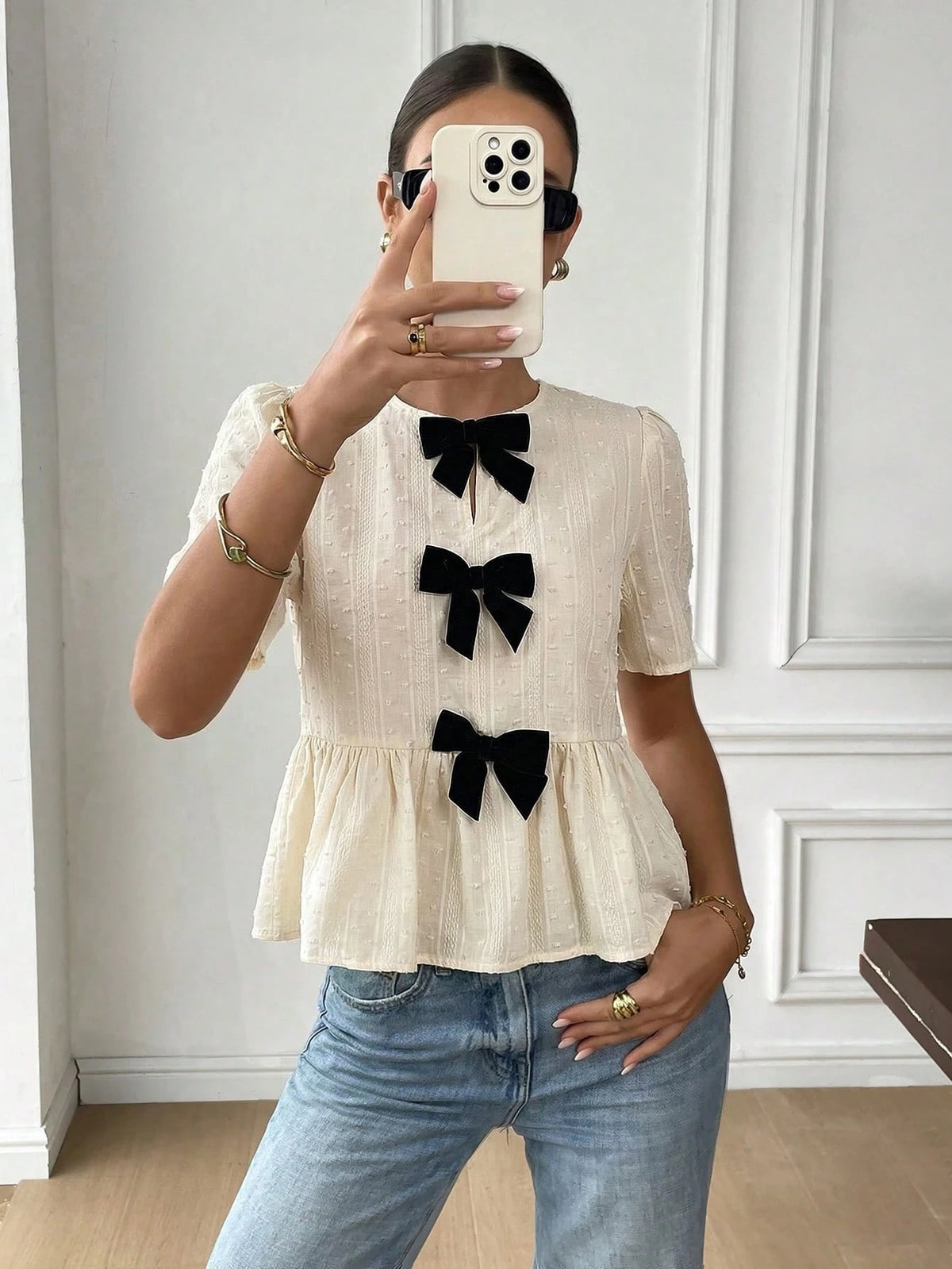 Serisse Women's Elegant French Black And White Bow Decor Blouse, 100 Pure Cotton Jacquard Ruffle Hem Top, Sweet Short Sleeve Shirt Summer Tea Party Wedding