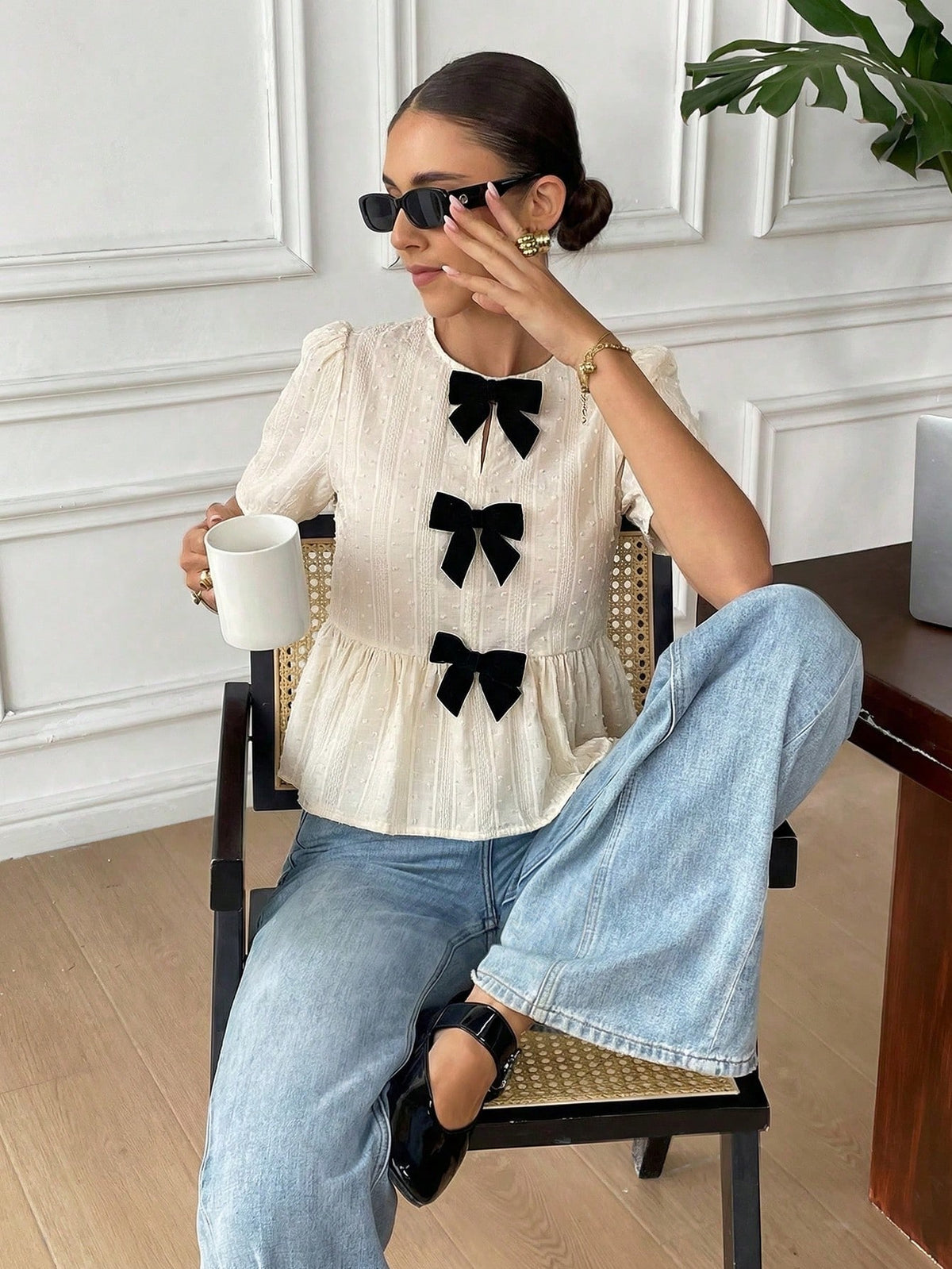 Serisse Women's Elegant French Black And White Bow Decor Blouse, 100 Pure Cotton Jacquard Ruffle Hem Top, Sweet Short Sleeve Shirt Summer Tea Party Wedding