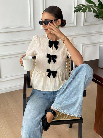 Serisse Women's Elegant French Black And White Bow Decor Blouse, 100 Pure Cotton Jacquard Ruffle Hem Top, Sweet Short Sleeve Shirt Summer Tea Party Wedding