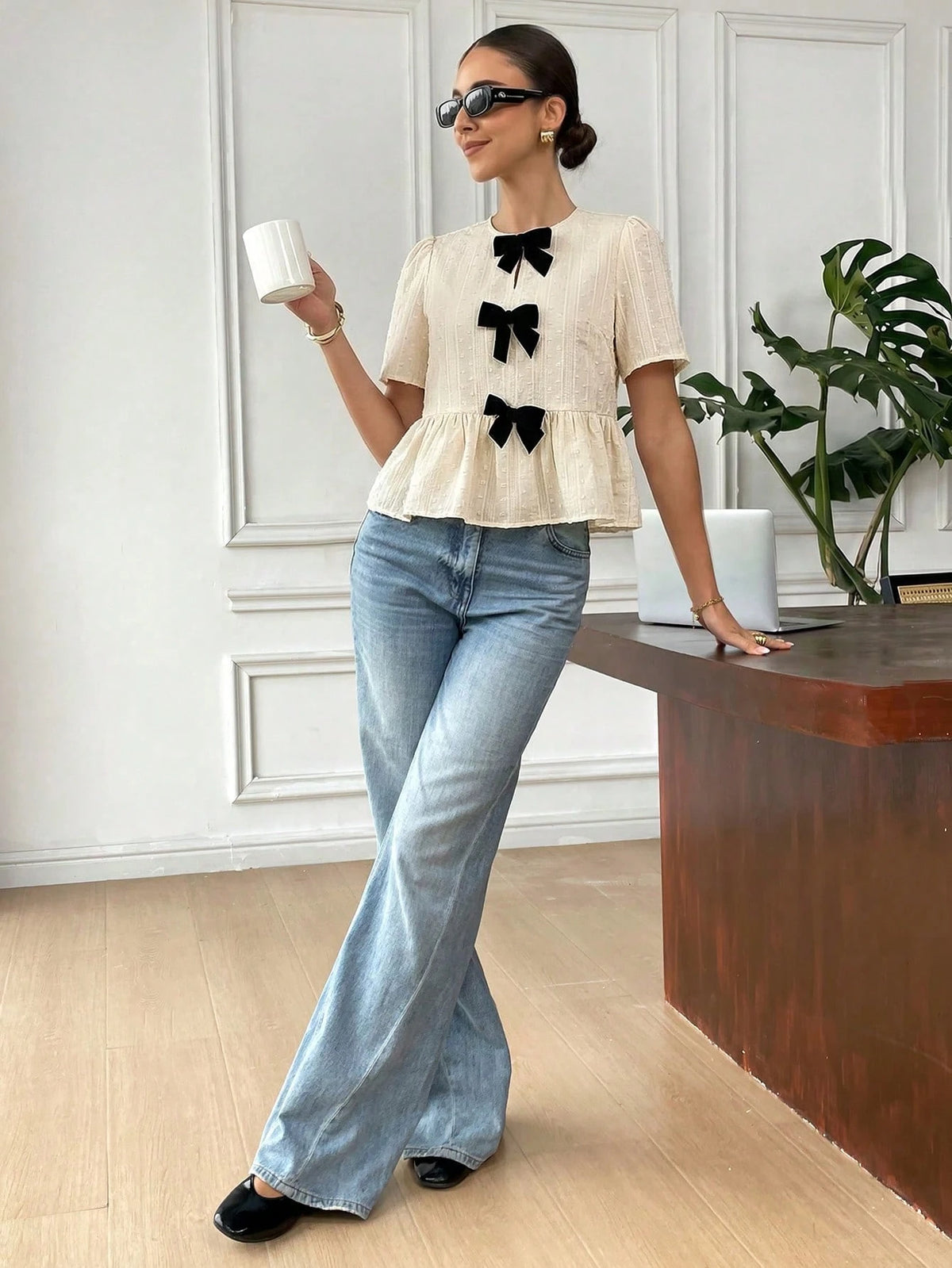 Serisse Women's Elegant French Black And White Bow Decor Blouse, 100 Pure Cotton Jacquard Ruffle Hem Top, Sweet Short Sleeve Shirt Summer Tea Party Wedding