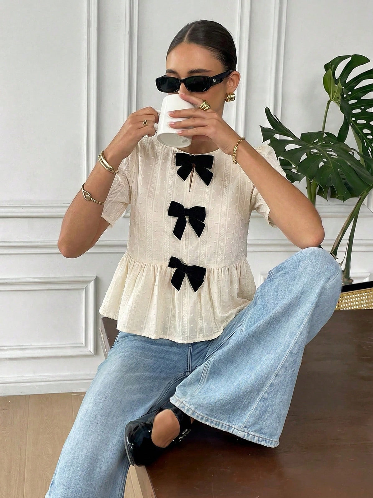 Serisse Women's Elegant French Black And White Bow Decor Blouse, 100 Pure Cotton Jacquard Ruffle Hem Top, Sweet Short Sleeve Shirt Summer Tea Party Wedding