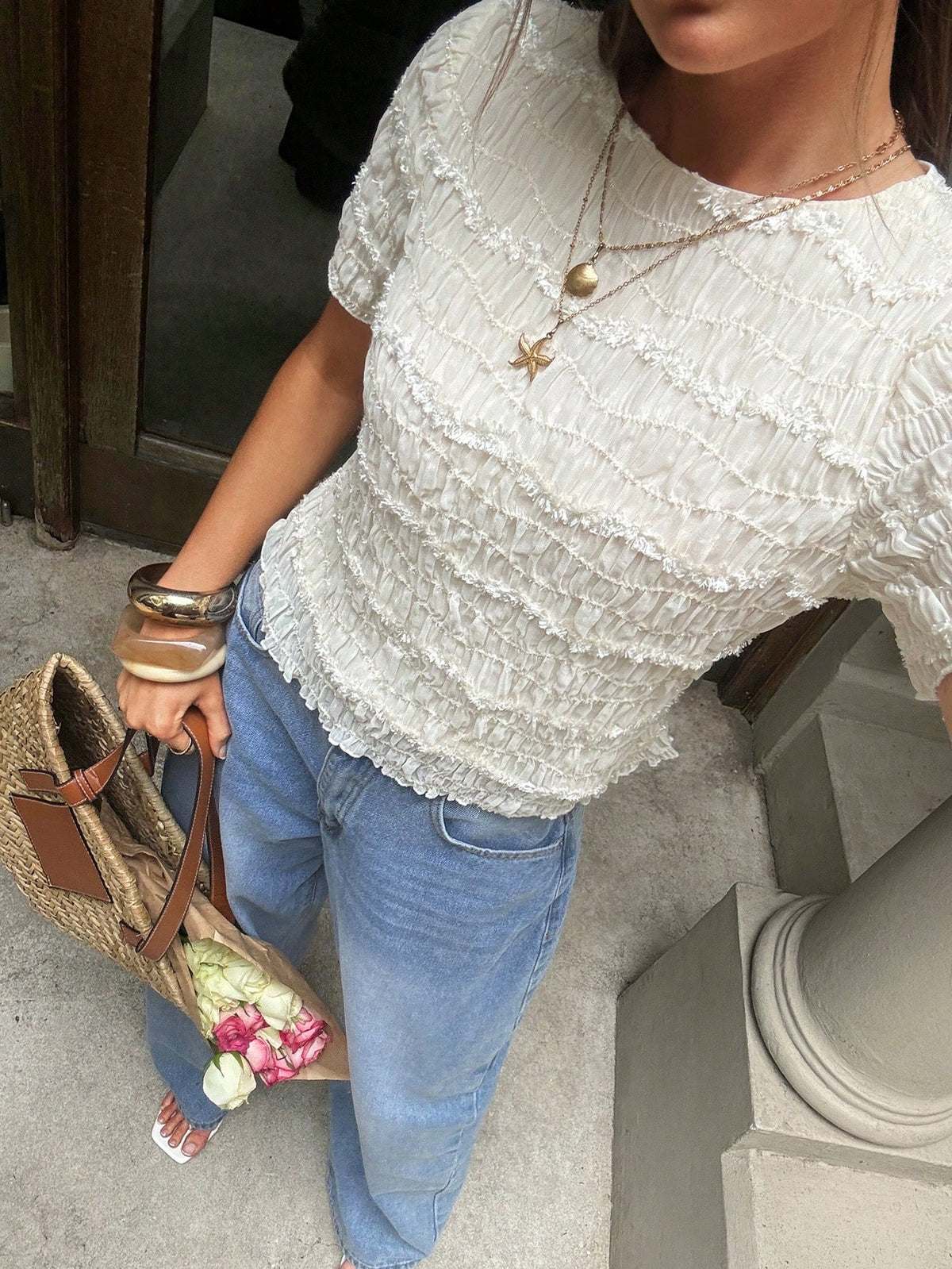 Serisse Women's Elegant French Off-White Lightweight Pleated Textured Lace Short Sleeve Blouse,Round Neck Ruffled Summer Top For Brunch,Summer Casual Shirt