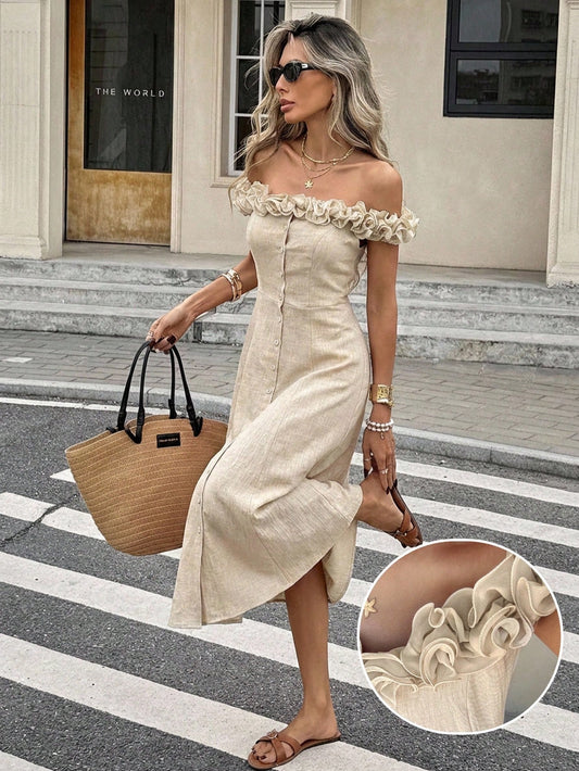 Serisse Women's Elegant Off-Shoulder Frill Trim Vacation Dress,Beige Summer Tropical Tea Party Holiday Button Up Ruffle Hem Flowy Boho Chic Midi Beach Dress